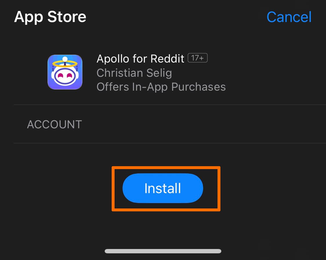 Install button for Apollo for Reddit.