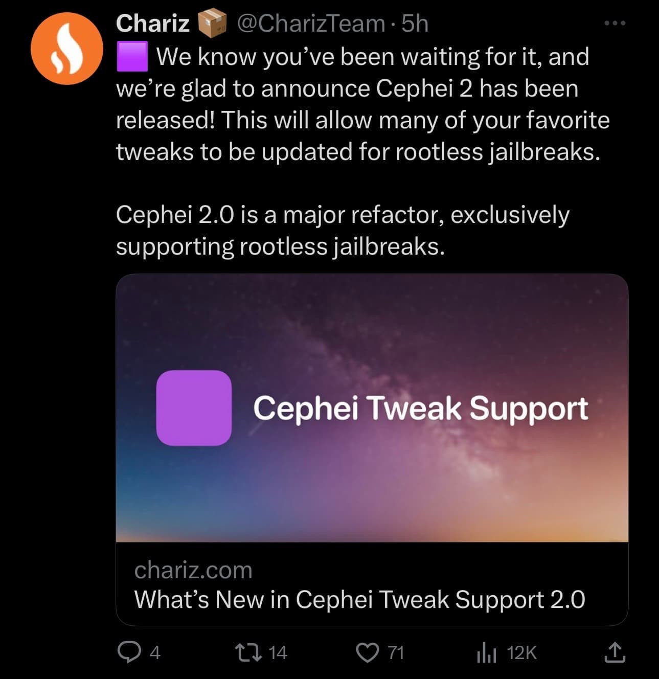 Chariz repository announces Cephei Tweak Support for rootless jailbreaks.