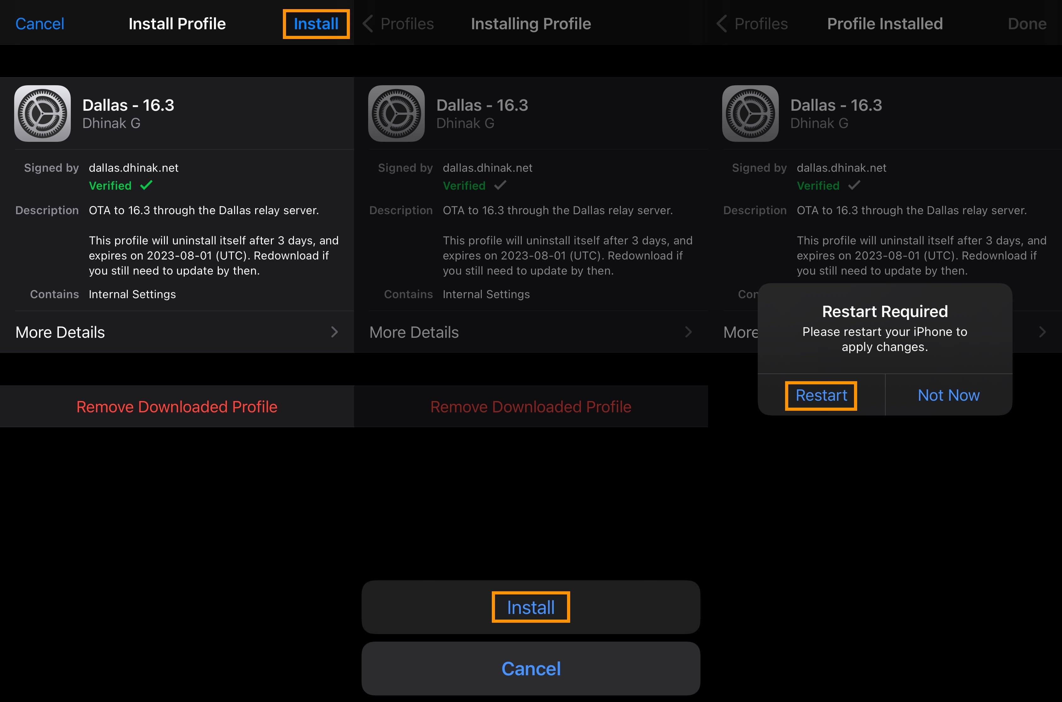 Install profile and Restart device.