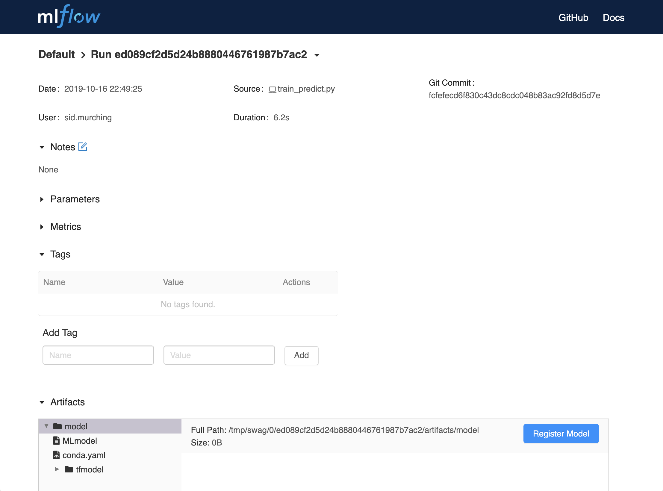 UI for registering a Model using MLflow