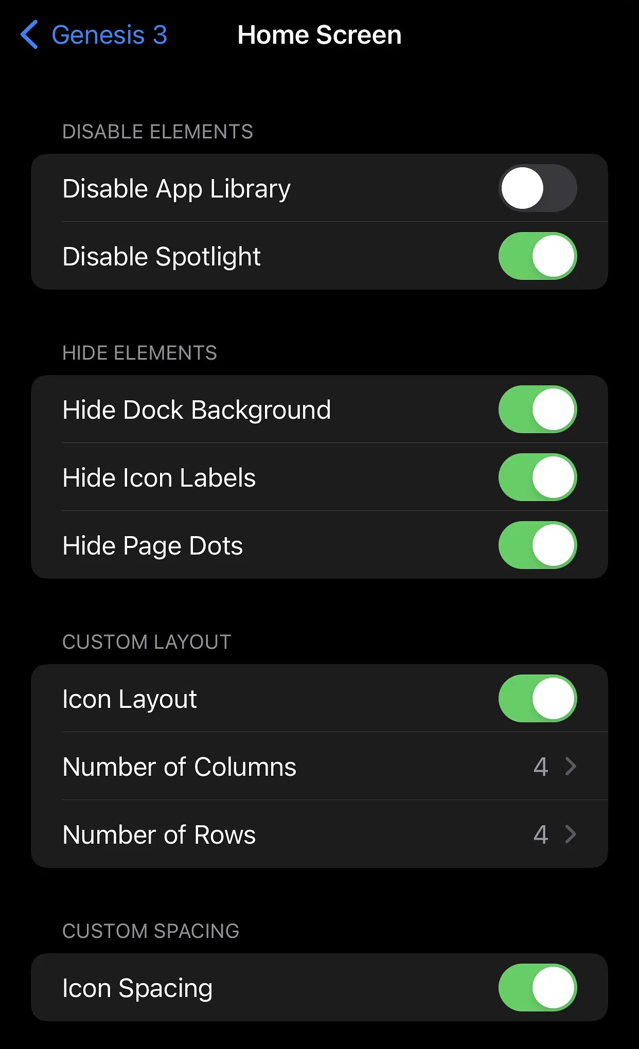 Genesis 3 Home Screen preferences.