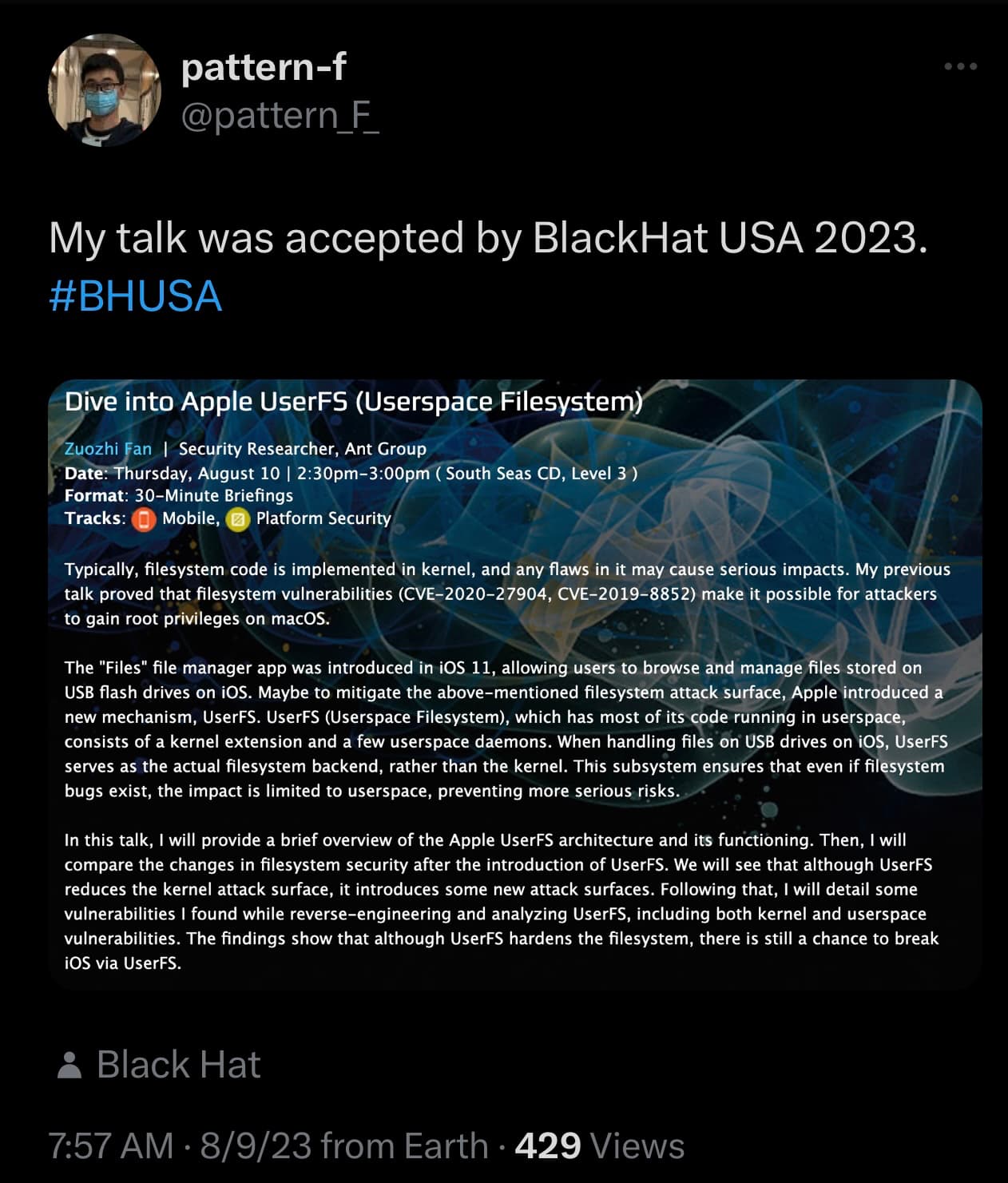 Pattern F to speak at Black Hat USA 2023.