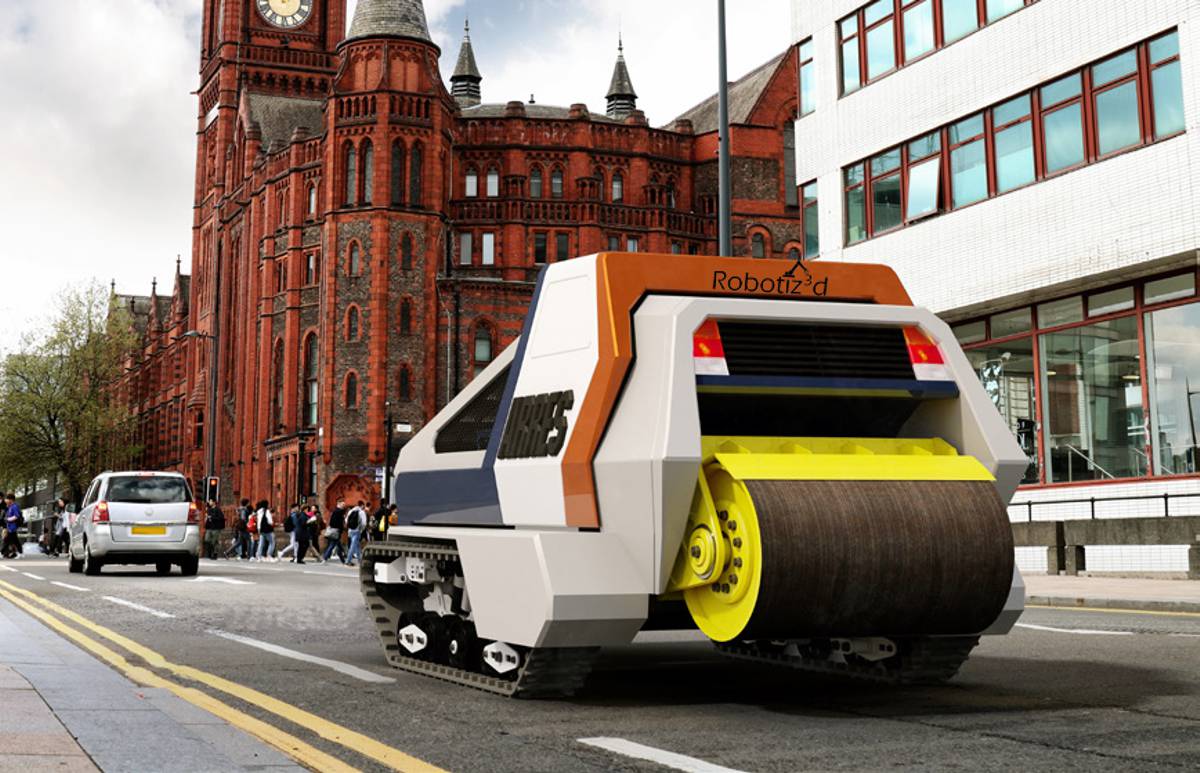 An autonomous AI robot is repairing potholes on the roads of Hertfordshire.