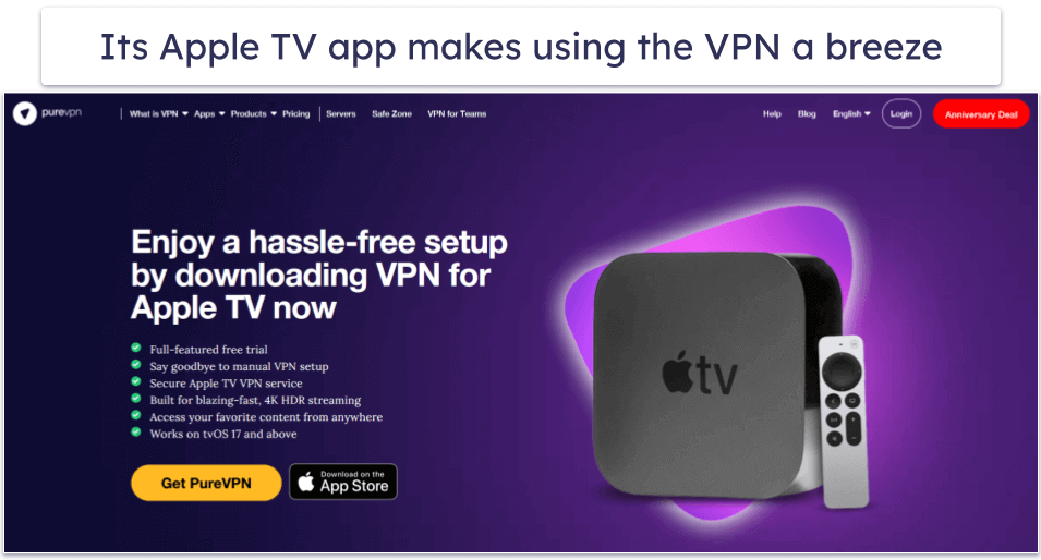 8. PureVPN — Dedicated Apple TV App &amp; Good Streaming Support