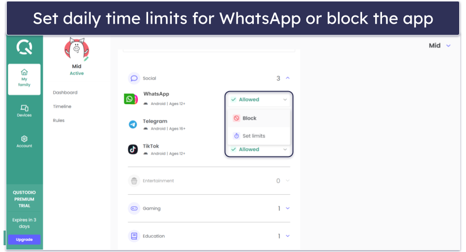 5. Qustodio — Set Time Limits for WhatsApp Usage