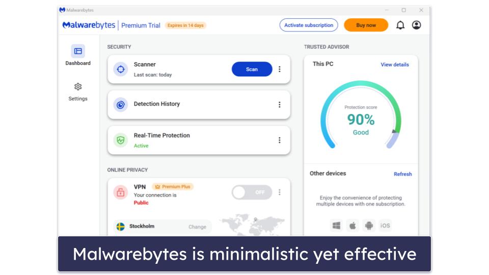 6. Malwarebytes — Minimalistic Antivirus With a Fast VPN