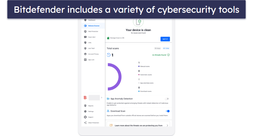 🥈2. Bitdefender — Lightweight App With Great Scanning Engine