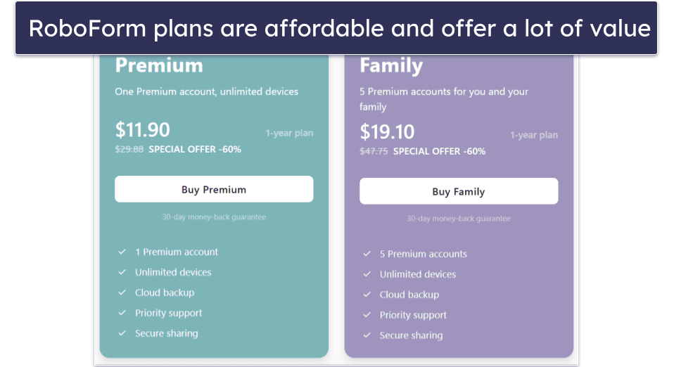 Plans &amp; Pricing — RoboForm Is More Budget-Friendly